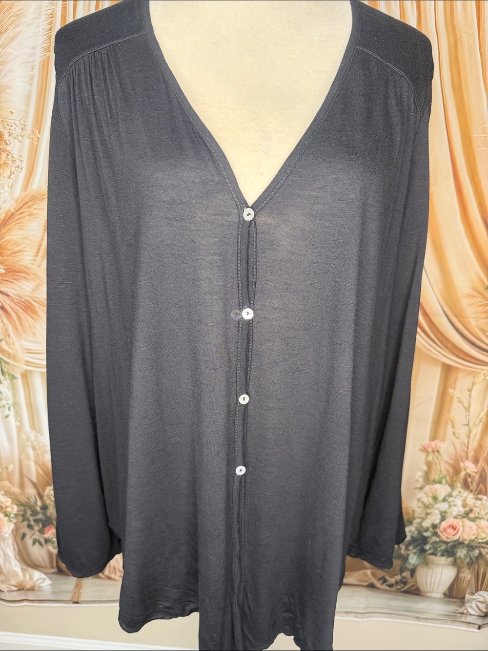 Max Studio Black Button-Front V-Neck Long Sleeve Top